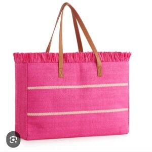 SHIRALEIGH XL Hot Pink Colorful Fringed Straw Tote with Vegan Leather Handles